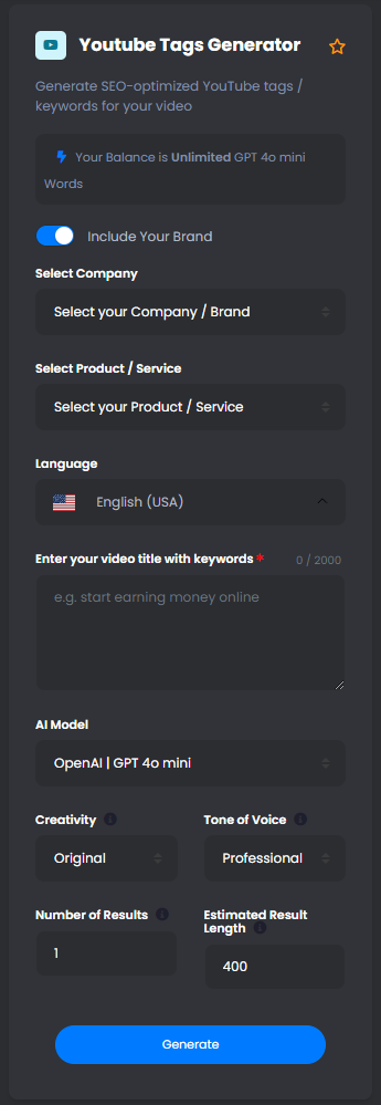 Youtube Tags Generator