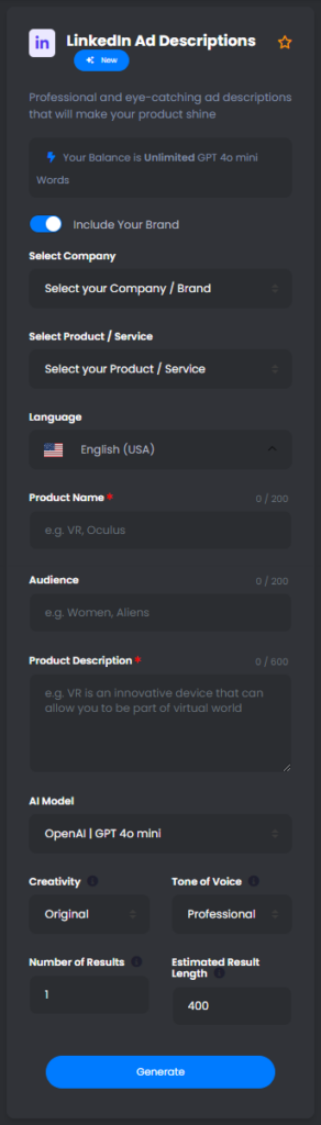 LinkedIn Ad Descriptions